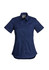 A navy short sleeve shirt for women, featuring a button-up front and a chest pocket. Includes branding on the label.