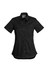 A black lightweight short sleeve shirt featuring a button-up front and chest pocket, with a logo on the label.