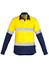 A long sleeve women's work shirt in bright yellow and navy, featuring reflective hoop tape and a front pocket.