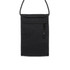A black recycled phone bag featuring a front zip pocket and an adjustable strap. It has a small logo.