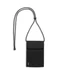 A black recycled phone bag with a drawstring strap, featuring a flap closure and branding.