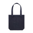 A dark denim tote bag with dual handles and a square bottom. It features a subtle logo on the front.