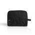 A black toiletry bag with a compact design, featuring a handle and a logo.