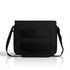 A black recycled messenger bag with mesh pockets and an adjustable shoulder strap. It has one logo.