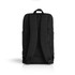 A black recycled travel backpack features mesh straps and a logo on the back.