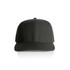 A black cap with a structured front and a flat brim, featuring a logo.