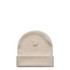 A beige cuff beanie with a folded brim and a seamless design. It features a branding logo.