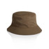 A brown bucket hat with a wide brim and a simple design. It features a small logo.