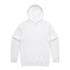 A white hoodie with a front pocket and a drawstring hood, featuring a logo on the front.