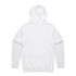 A white hoodie with a front pocket and a large hood, featuring a logo on the back.