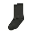 Two pairs of dark grey socks, featuring a simple ribbed design, laid flat against a white background.
