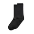 Two pairs of black socks are displayed, featuring a classic design and ribbed cuffs. They have a branded logo.