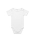 A white organic infant one-piece with short sleeves and a snap closure at the bottom. It features a logo tag.