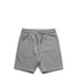 Grey sports shorts featuring an elastic waistband and drawstring, with a subtle logo on the fabric.