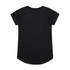 A black t-shirt with short sleeves and a rounded hem, featuring a logo.