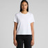 A white T-shirt with a classic fit, featuring short sleeves and a round neckline. It includes a logo.