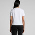A white women's t-shirt with a cropped design, featuring a logo on the back.