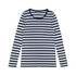 A long-sleeve tee featuring navy and white horizontal stripes. It has a crew neck and includes a branding logo.
