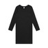 A black long-sleeve dress with a simple, sleek design and a tag featuring a logo.
