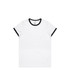 A white T-shirt with black ringer sleeves and a round neckline. The shirt features a logo.