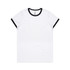 A white T-shirt with black trim around the neckline and sleeves, featuring a logo.