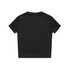 A black T-shirt with a simple design and a logo on the label. The back is plain without any graphics.