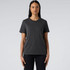 A charcoal grey t-shirt featuring a round neckline and short sleeves, modelled by a person. It has a logo on it.