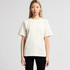 A plain cream T-shirt with short sleeves, featuring a simple design and a logo on the side.