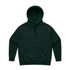 A dark green hoodie featuring a front pocket and a drawstring hood. It has a simple design and includes a logo.
