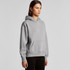 A grey hoodie with a front pocket and a hood, featuring a logo on the chest.