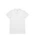A white polo shirt with a collared neckline and three-button placket, featuring a small logo.