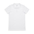 A white polo shirt with a collar and three buttons. It features a logo on the upper left side.