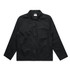A black chore jacket featuring a button-up front, collar, and multiple pockets. It has a logo on the chest.