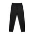 Black track pants with an elastic waistband and cuffs, featuring a drawstring and a logo.