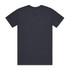 A dark grey t-shirt with short sleeves and a round neckline. The back view is displayed.