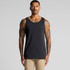 A man with tattoos wearing a plain black singlet. The singlet has a round neckline and minimal design.