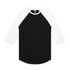 A black and white raglan tee with three-quarter sleeves and a label at the neckline.