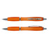 Translucent orange plastic pens with silver accents, featuring a clip and retractable design, laid side by side.