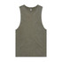 A stone wash tank top in an olive green colour with wide armholes and a round neckline. It features a logo.