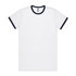 A white T-shirt with a navy blue ribbed collar and sleeve cuffs. It features a logo at the neck.