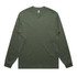 A long-sleeve tee in dark green, featuring a simple design and a logo on the label.