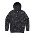 A camo-patterned hoodie in shades of grey and black, featuring a large hood and a front pocket.