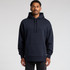 A navy hoodie with a front pocket and drawstrings at the hood, modelled by a man. The hoodie features a logo.