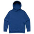 A blue hoodie with a large pouch pocket and a drawstringless hood. It features a logo on one side.