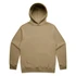 A beige hoodie with a front pocket and a drawstring hood, featuring a logo on the front.
