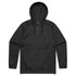 A black windbreaker jacket with a hood and a front pocket, featuring a logo on the chest area.