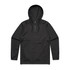 A black windbreaker jacket with a hood and a front pocket. It features a logo on the chest.