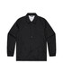 A black coach jacket featuring a button-up front and a collar, with elastic cuffs and no visible logos.