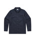 A navy work jacket with a collar, button closure, and side pockets, featuring a small logo.