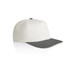A two-tone cap featuring a white crown and a grey peak, with a button on top and a branded label.